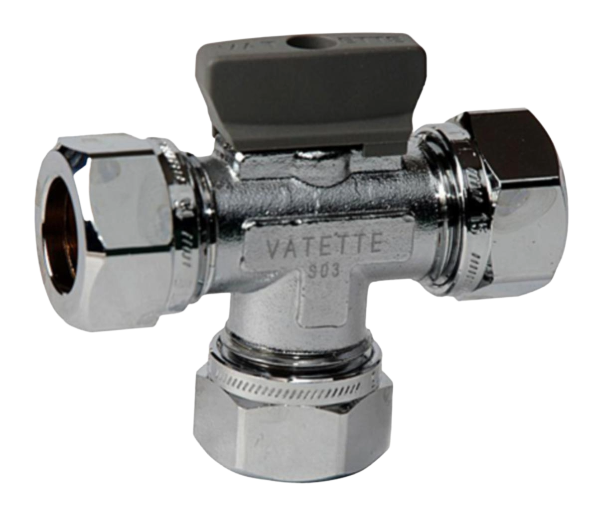 Kulventiler Vatette, förkromade med vred, trevägs Cu-kopplingar