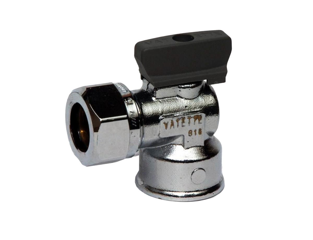 Kulventiler Vatette, förkromade med vred, vinkelventil med invändig gänga och Cu-koppling